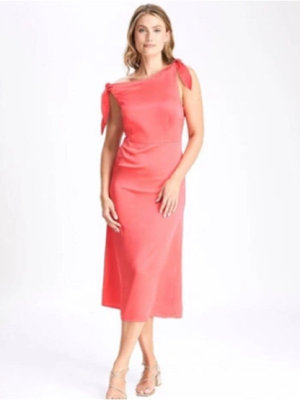 🎯 A New Day Coral / Melon Tie Off Shoulder Midi Dress Size L NWT